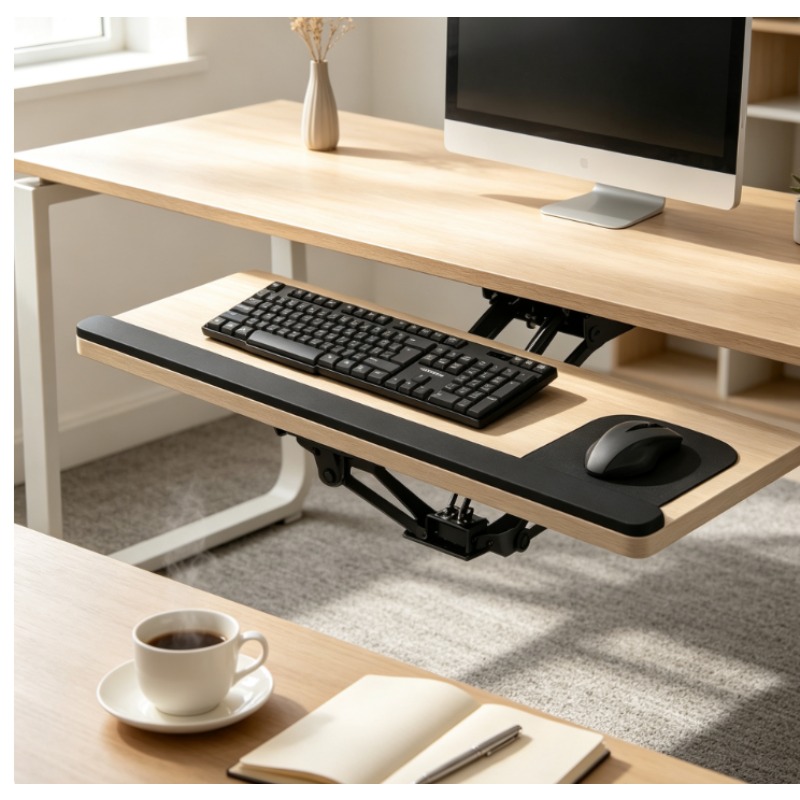 Wrist Rest Ergonomic - デスク下スライド式キーボードトレイ、マウスパッド付き、人間工学に基づいた高さ調整＆回転可能、頑丈なスタンド、ホームオフィス用